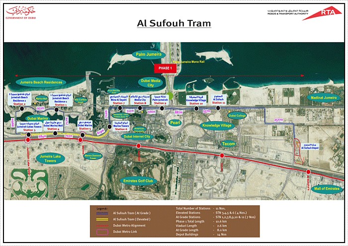 RTA Al Sufouh Dubai Tram route map for Phase I