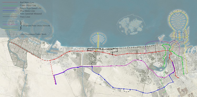 Map of Dubai metro, Palm Jumeirah, tram lines planned and proposed, May 2007